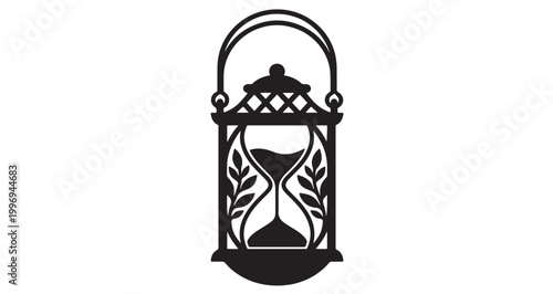 Hourglass Lantern Silhouette vector illustration of an antique hourglass within a decorative lantern featuring leafy branches and a suspension handle, perfect for conveying themes of time passing.