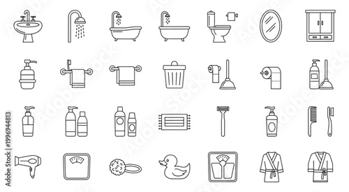 Collection of bathroom essentials and accessories in simple line art style.