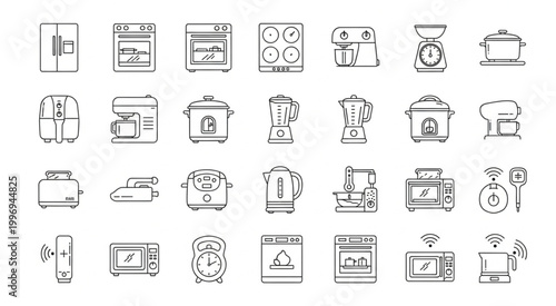Collection of various kitchen appliances and electronic devices in line art style.