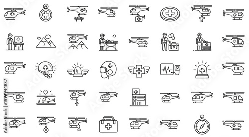 Collection of helicopter icons representing emergency medical services and rescue operations.