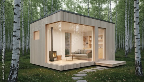 Modern Scandinavian ADU Housing Modern small cabin with large windows in a forest, featuring a cozy interior with sofa, bookshelf, and wood stove.