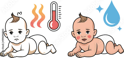 Infant comparison illustration shows a sick baby with a thermometer and a healthy baby with a water drop, emphasizing the importance of hydration and temperature monitoring for infants.