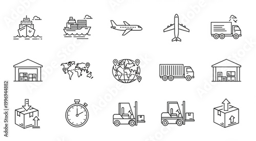 Logistics and transportation icons representing global shipping and delivery services.
