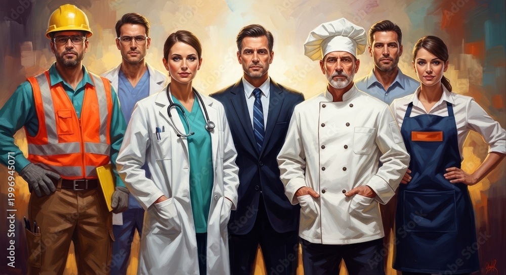 Obraz premium Oil Painting of a Diverse Group of Professionals in Work Uniforms Generative AI