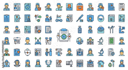Collection of medical and healthcare icons representing various medical professions and equipment.