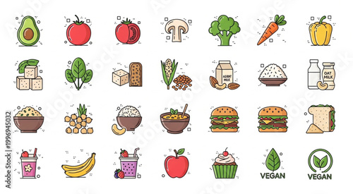Collection of colorful vegan food icons representing healthy plant-based ingredients.