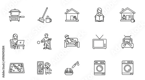Collection of various household items and people engaged in activities at home.
