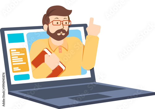 Man shows up from  a laptop to talk holing a book