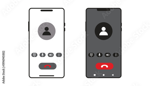 Modern smartphone interface for incoming voice call screen featuring avatar contact icon control buttons including keypad speaker mute and end call options in light and dark theme modes isolated.