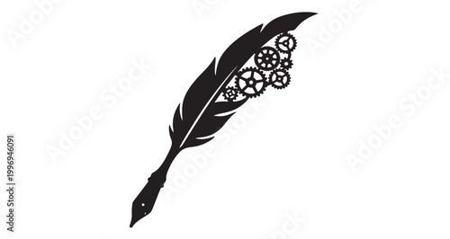 Mechanical Feather Pen Silhouette vector illustration featuring a sophisticated vintage quill pen integrated with intricate mechanical clockwork gears representing the creative fusion.