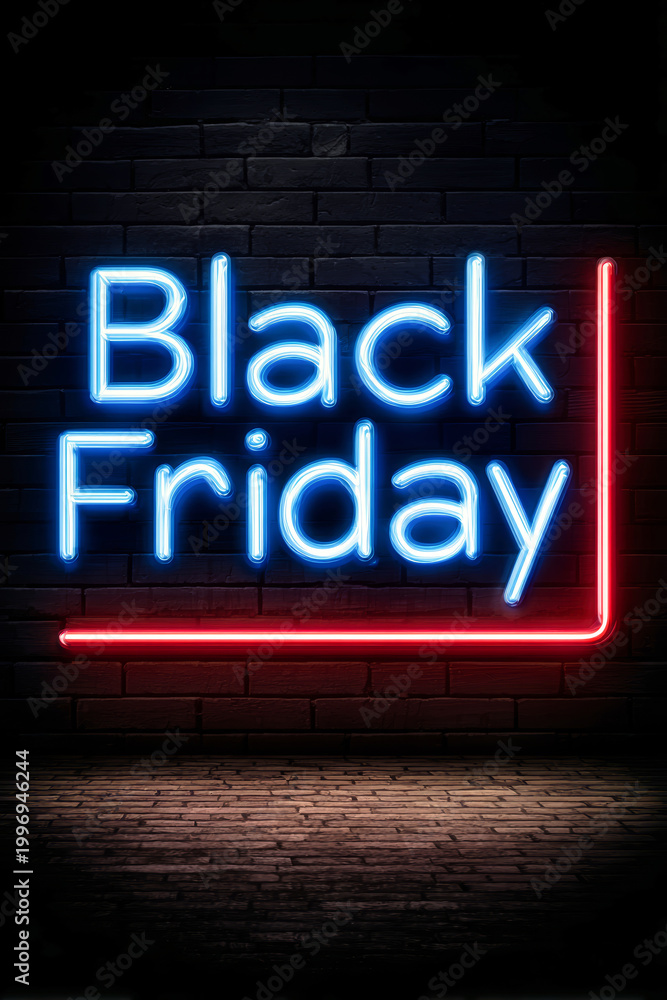 Obraz premium Neon sign displays Black Friday on a black wall. The dark setting enhances the vibrant colors. Perfect for promotions and marketing related to sales