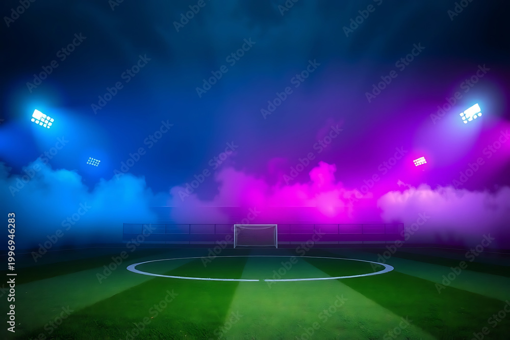Fototapeta premium A brightly lit soccer field at night featuring vivid blue and pink lighting effects