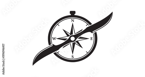 Twin Blade Compass Silhouette vector illustration of a compass with a prominent wind rose and directional indicators for north, south, east, and west, featuring a sleek.