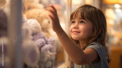 Young girl reaching for plush toy at arcade game display