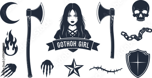Gothic Girl Horror Icons Set with Axe Skull Symbols