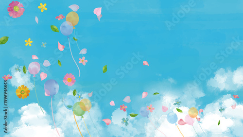 水彩風 花と花びらと葉っぱが舞う（背景青空） Happy Series:Watercolor-style painting of flowers, petals, and leaves fluttering in the wind (blue sky background)