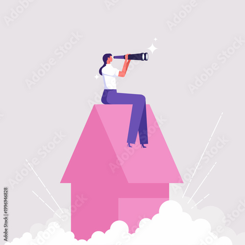 Research data or investment planning concept, businesswoman on financial graphs looking thorough binoculars