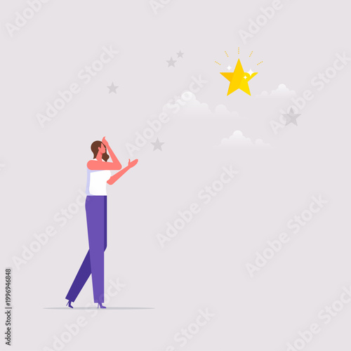 Reaching goal or finish mission concept, achieve goal or success, career growth, businesswoman looking and effort to reach the star, symbolizing success