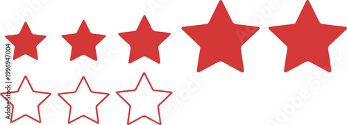 Foto Set of red star rating icons in solid and outline styles with different sizes for customer product reviews and feedback ranking isolated on white background
