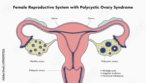 Flat illustration of female reproductive system with polycystic ovary syndrome medical diagram showing uterus ovaries and cysts pcos concept