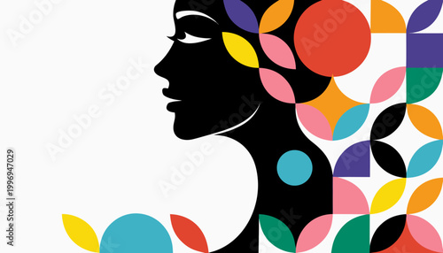 Flat abstract illustration of female profile with colorful shapes representing hormonal imbalance and pcos awareness concept