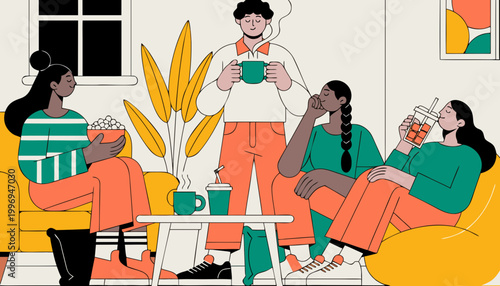 Flat illustration of friends relaxing at home drinking tea and chatting stress reduction and balanced lifestyle concept