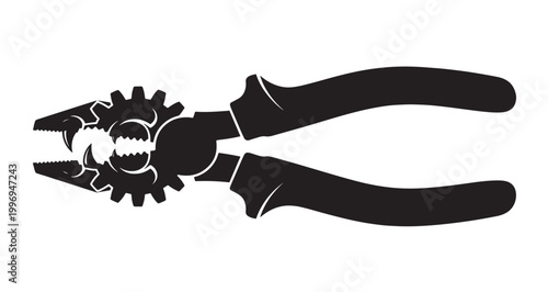Gear Fang Pliers Silhouette vector graphic design featuring a stylized pair of pliers merged with mechanical gear teeth elements forming a unique industrial symbol suitable for construction hardware.