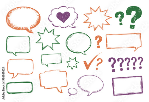 Collection of Hand-Drawn Speech Bubbles, Question Marks, and Checkmarks