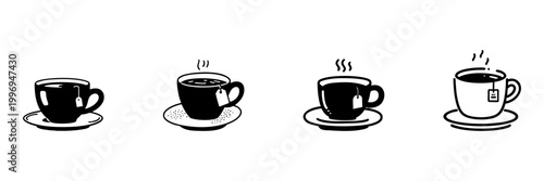 Tea Cups With Tea Bags In Hand Drawn Style Set. Hot Beverage, Relaxation, Tea Time Doodle Sketch Collection. Cozy Drink Illustration. Isolated Vector Illustration