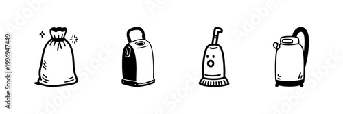 Vacuum Cleaner And Cleaning Tools In Hand Drawn Style Set. Home Cleaning, Dust Removal, And Housekeeping Doodle Sketch Collection. Isolated Vector Illustration