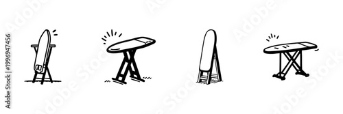 Ironing Boards In Hand Drawn Style Set. Household Chore, Laundry, Garment Care Doodle Sketch Collection. Home Organization Tools. Isolated Vector Illustration