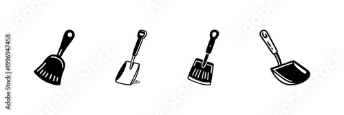 Cleaning Tools Icon Set In Hand Drawn Style. Dustpan And Shovel For Household Cleaning And Maintenance Doodle Sketch Collection. Isolated Vector Illustration