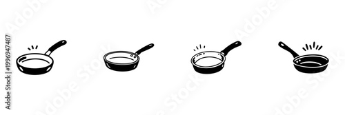 Frying Pan Icons In Hand Drawn Style Set. Cooking, Kitchenware, Culinary Tools Doodle Sketch Collection. Home Cooking Essentials. Isolated Vector Illustration