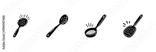 Skimmer And Strainer Utensils In Hand Drawn Style Set. Kitchen Tools For Cooking And Draining Doodle Sketch Collection. Culinary Essentials. Isolated Vector Illustration