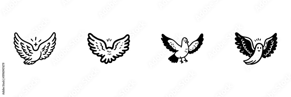 Fototapeta premium Flying Birds And Winged Creatures In Hand Drawn Style Set. Freedom, Peace, And Spirituality Doodle Sketch Collection. Whimsical And Playful Designs. Isolated Vector Illustration