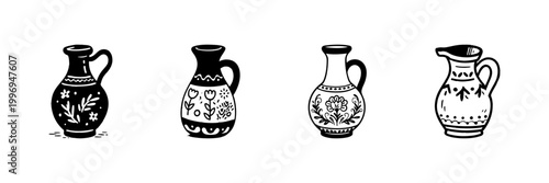 Handcrafted Decorative Pitchers In Hand Drawn Style Set. Traditional Floral Patterns, Vintage Pottery, Artistic Home Decor Doodle Sketch Collection. Isolated Vector Illustration