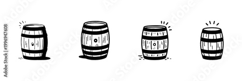 Wooden Barrels In Hand Drawn Style Set. Vintage Storage, Brewing, And Fermentation Doodle Sketch Collection. Rustic Beverage Container Illustration. Isolated Vector Illustration