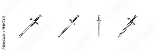 Swords In Hand Drawn Style Set. Medieval Weaponry, Knight'S Blade, Historical Combat Doodle Sketch Collection. Vintage Armament Illustration. Isolated Vector Illustration