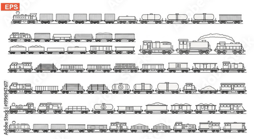 Detailed illustration of various train types and cargo carriages in a row.