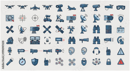 Collection of various technological and surveillance equipment icons for security purposes.