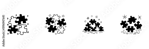 Puzzle Pieces In Hand Drawn Style Set. Problem Solving, Teamwork, Creativity Doodle Sketch Collection. Strategic Thinking Elements. Isolated Vector Illustration