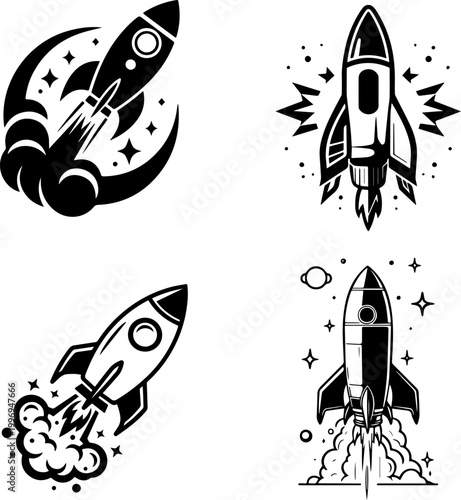Retro Rocket Launch Vector Illustration Set