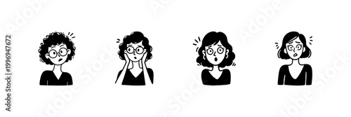 Four Female Characters Expressing Surprise In Hand Drawn Style Set. Emotional Reactions, Shock, And Astonishment Doodle Sketch Collection. Facial Expressions Illustration. Isolated Vector Illustration