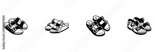 Sandals With Buckles In Hand Drawn Style Set. Casual Footwear, Summer Fashion, Comfortable Walking Doodle Sketch Collection. Stylish And Relaxed. Isolated Vector Illustration