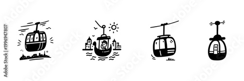 Cable Car Gondola Icons In Hand Drawn Style Set. Urban Transportation, Scenic Aerial Views, City Commuting Doodle Sketch Collection. Travel And Tourism. Isolated Vector Illustration