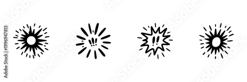 Explosive Burst Icons In Hand Drawn Style Set. Energy, Excitement, And Impact Doodle Sketch Collection. Dynamic Expression Symbols. Isolated Vector Illustration