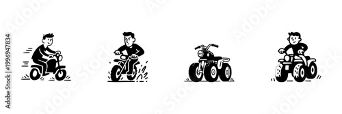 Motorcycle And Atv Riders In Hand Drawn Style Set. Off-Road Adventure, Outdoor Recreation, And Motorsports Doodle Sketch Collection. Fun And Excitement. Isolated Vector Illustration
