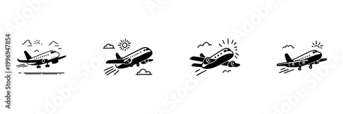 Airplane Takeoff And Flight In Hand Drawn Style Set. Aviation, Travel, And Transportation Doodle Sketch Collection. Cloudy Sky And Sun Elements. Isolated Vector Illustration