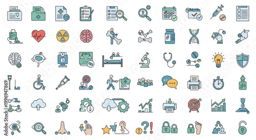Collection of medical and healthcare icons representing various aspects of medicine and well-being.