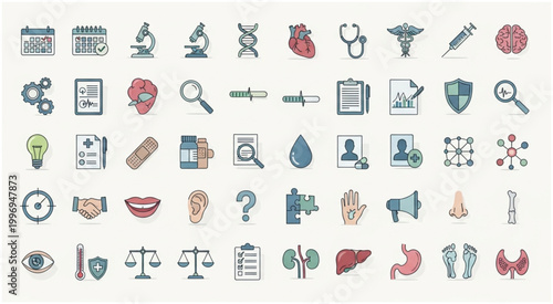 Medical and healthcare icons representing various aspects of health and medicine.